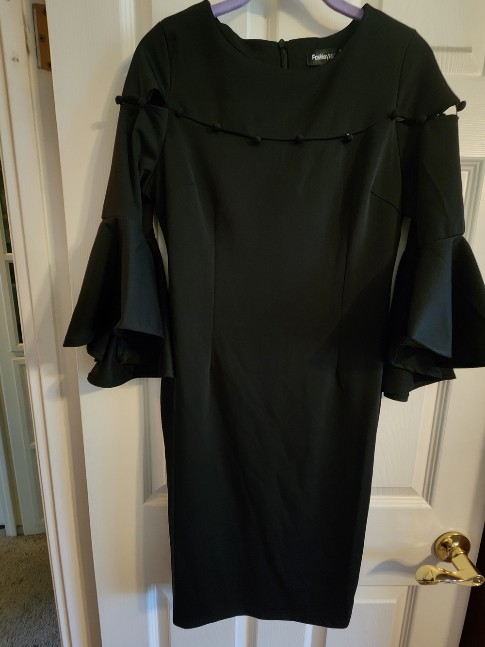 FashionMia Black Midi Dress Wuth Ruffle Sleeves and ButtonNLoopTrim Large